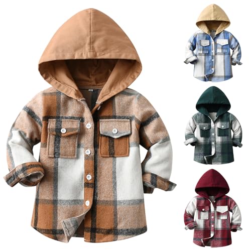 Winmany Kleiner Junge Plaid Hoodie Jacke Kinder Mädchen Button Down dicke Hemden Kleinkind lange Ärmel Herbst Frühling Mantel Kleidung für 2-8T (DE/NL/SE/PL, Alter, 3 Jahre, 4 Jahre, Regular, Braun) von Winmany