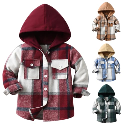 Winmany Kleiner Junge Plaid Hoodie Jacke Kinder Mädchen Button Down dicke Hemden Kleinkind lange Ärmel Herbst Frühling Mantel Kleidung für 2-8T (DE/NL/SE/PL, Alter, 5 Jahre, 6 Jahre, Regular, Rot) von Winmany
