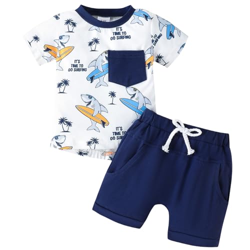 Winmany Kleiner Junge Sommerkleidung Kleinkind Jungen Baumwolle Oberteil Shirt Kurzes Set Baby Casual Strand Outfits 0-3T (2, Haifisch, 0-6M) von Winmany