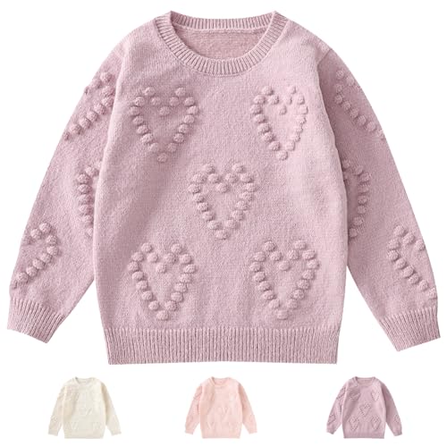 Winmany Mädchen Pullover Sweater Kinder Rundhalsausschnitt Herz Muster gestrickt Tops Langarm Rundhalsausschnitt Sweatshirts für 3-7Y (as3, Age, 3_Years, 4_Years, Regular, Violett) von Winmany