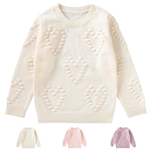 Winmany Mädchen Pullover Sweater Kinder Rundhalsausschnitt Herz Muster gestrickt Tops Langarm Rundhalsausschnitt Sweatshirts für 3-7Y (as3, Age, 3_Years, 4_Years, Regular, Weiß) von Winmany