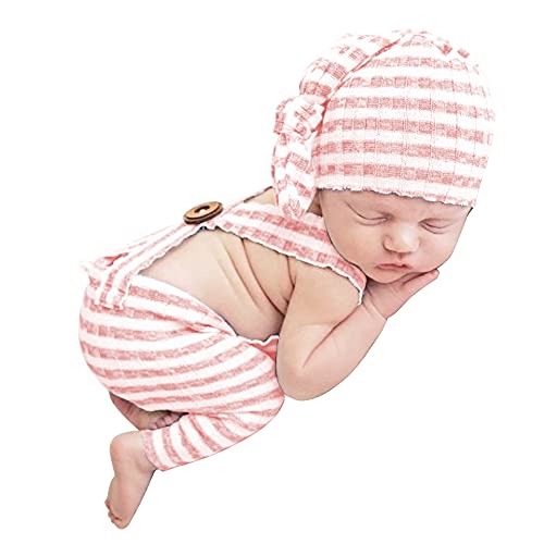 Winmany Neugeborene Baby Fotografie Requisite Outfits Gestreifter Overall Strampler Knotenhut Fotoshooting Kostüm für 0-2 Monate, rose, 50 von Winmany