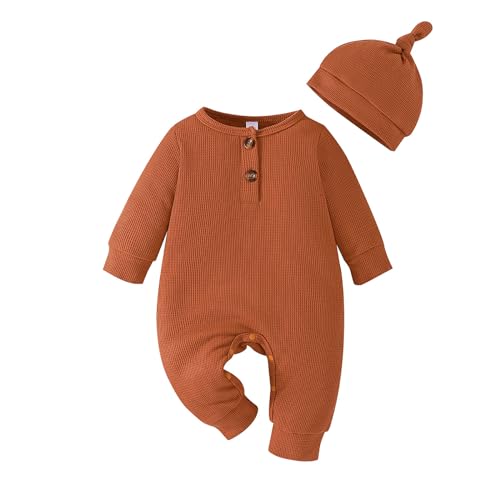 Winmany Neugeborenes Baby Junge Strampler Mütze Kleinkind Langarm Solide Farbe Jumpsuit Outfits Snap Closure Frühling Herbst Winter Kleidung (Braun, 3-6M) von Winmany