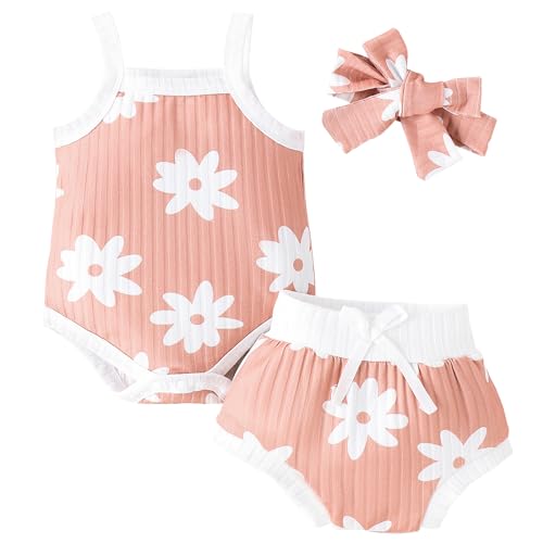 Winmany Neugeborenes Baby Mädchen Sommer Outfits Set Säugling Gänseblümchen Hosenträger Strampler Tank Top ärmelloses Shirt Shorts Kleidung + Stirnband (3, Rosa, 3-6M) von Winmany