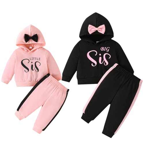 Winmany Passendes Outfit für Schwestern Kleines/Großes Schwesterchen Sweatshirt mit Kapuze Hosen Set Kleinkind Mädchen Herbst Winter Kleidung (Schwarz Klein, 9-12M) von Winmany