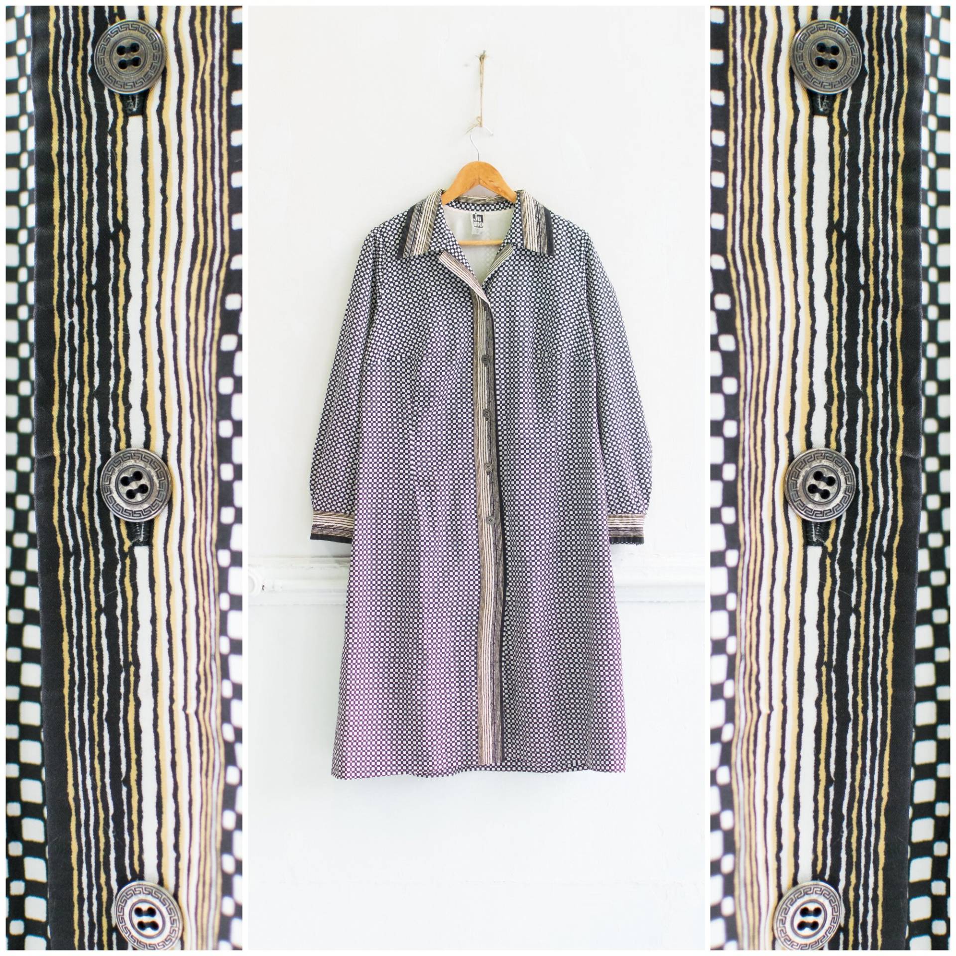 80Er Jahre Shirt Kleid Frauen Medium Vintage Karo Shirtkleid Schwarz Weiß Gemustertes Etuikleid Button Up Dress Damen M 80S Printed von WinnersVintage