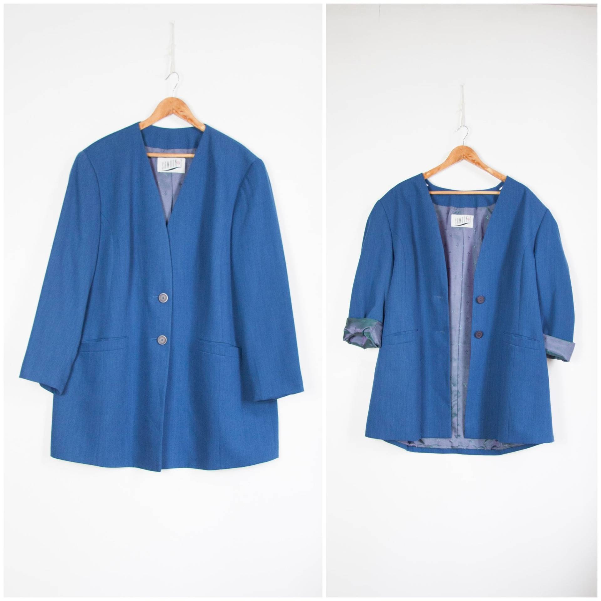 80Er Oversized Blazer Damen Große Vintage Anzugjacke Blau Longline Größe L Schlichte Blaue Jacke Festliche von WinnersVintage