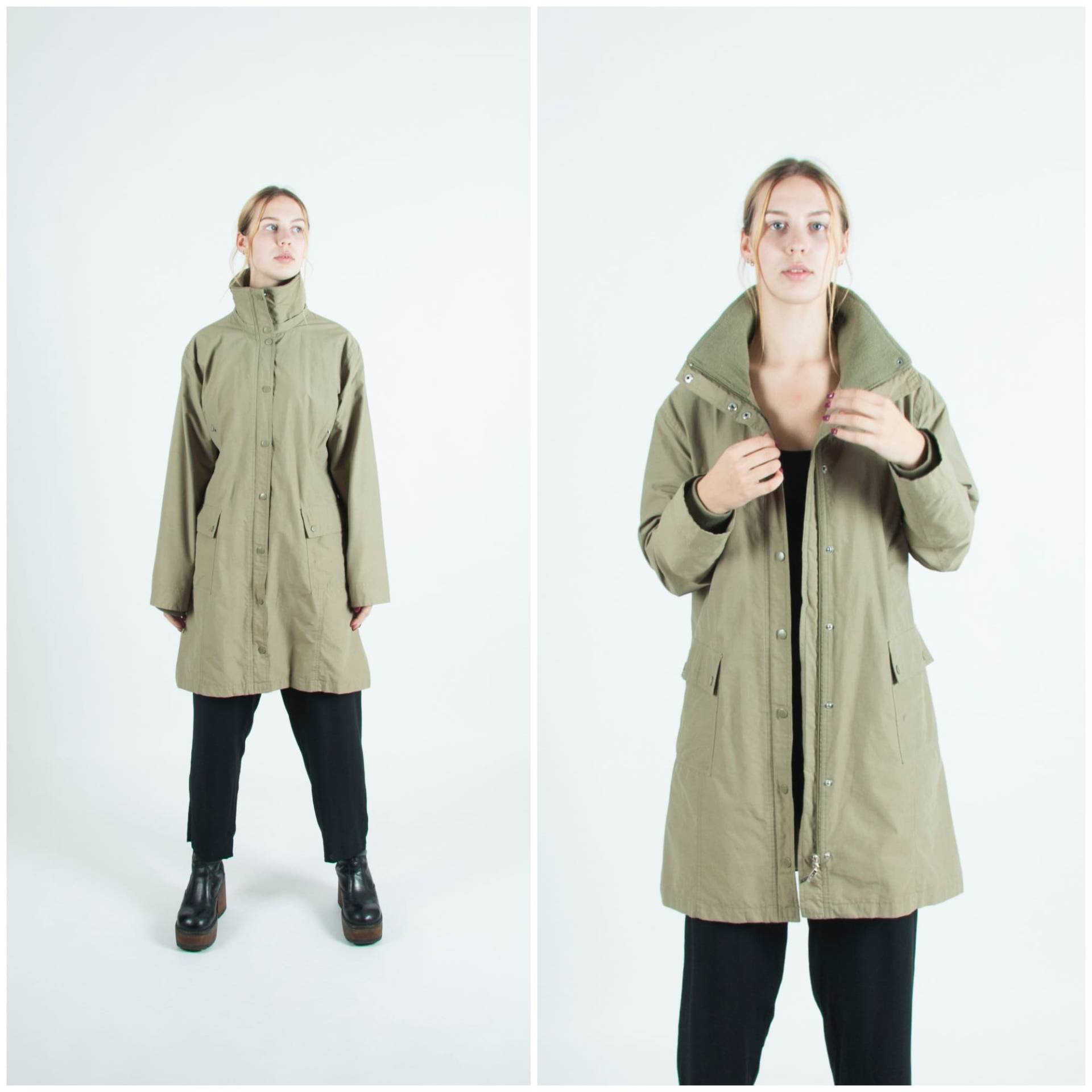 90Er Jahre Damen Mantel Klein Vintage Parka Jacke Khaki Frauen Größe S Olivgrün Lange Knielanger Midi Lässiger Army Grün von WinnersVintage