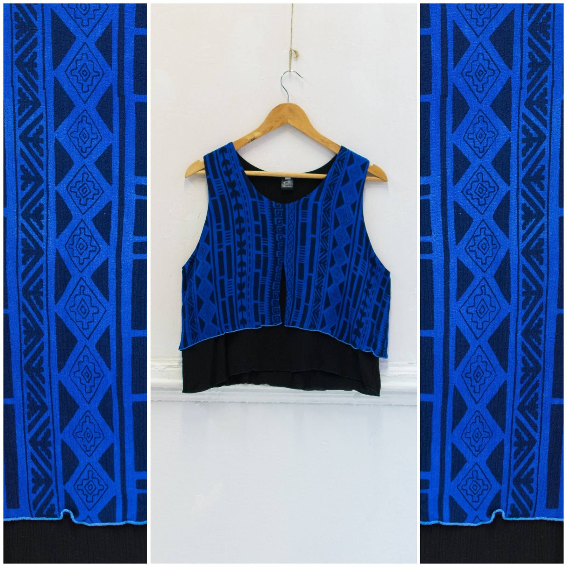 Vintage Cropped Tank Top Damen Medium Schwarz Blau Rayon Größe M 90Er Ärmellose Crop Retro Lagen Bluse Gemustert Weste von WinnersVintage