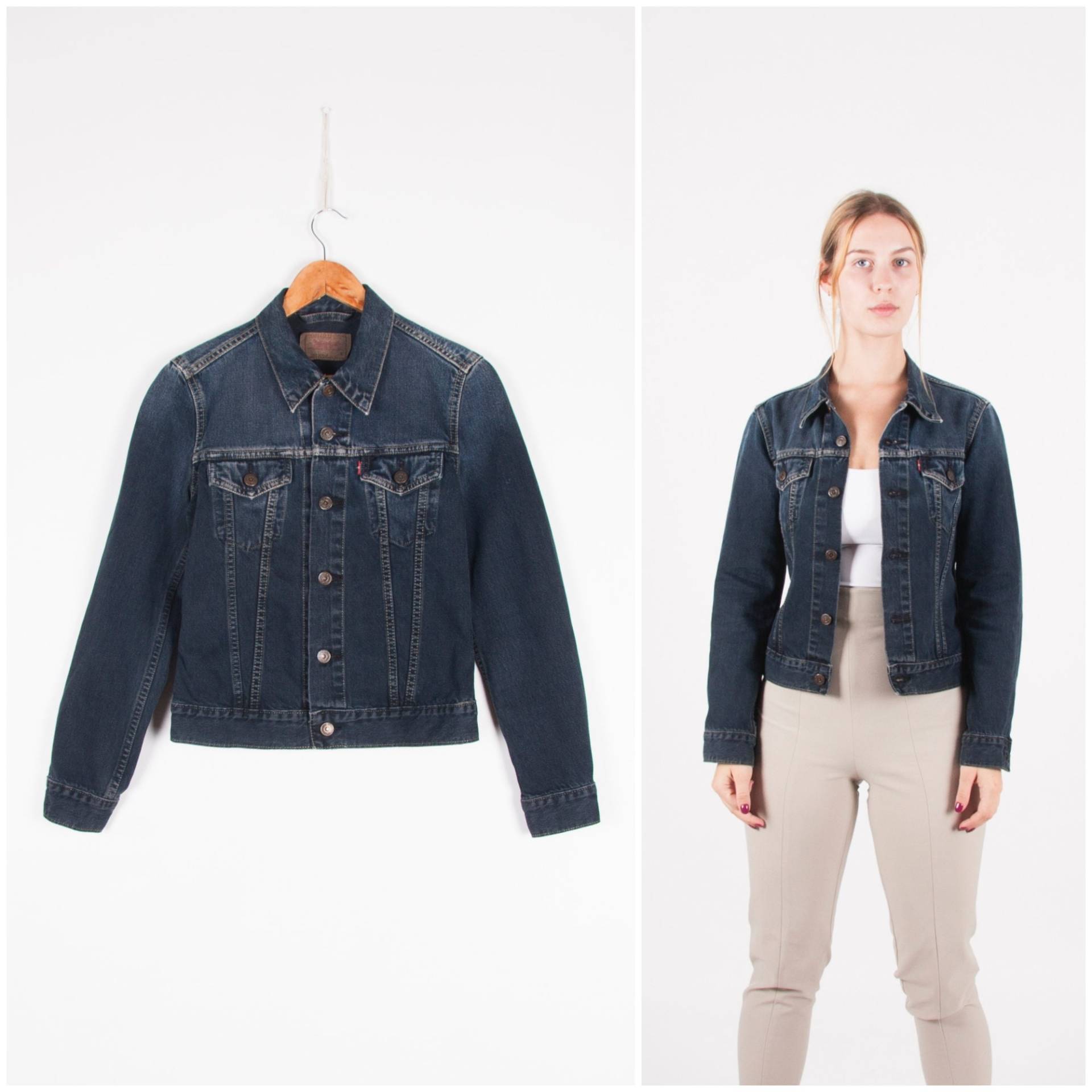 Vintage Levis Jacke Damen Xxs Jeansjacke Dunkelblaue Wash Frauen Größe Teen Button-Down 90Er Jahre von WinnersVintage