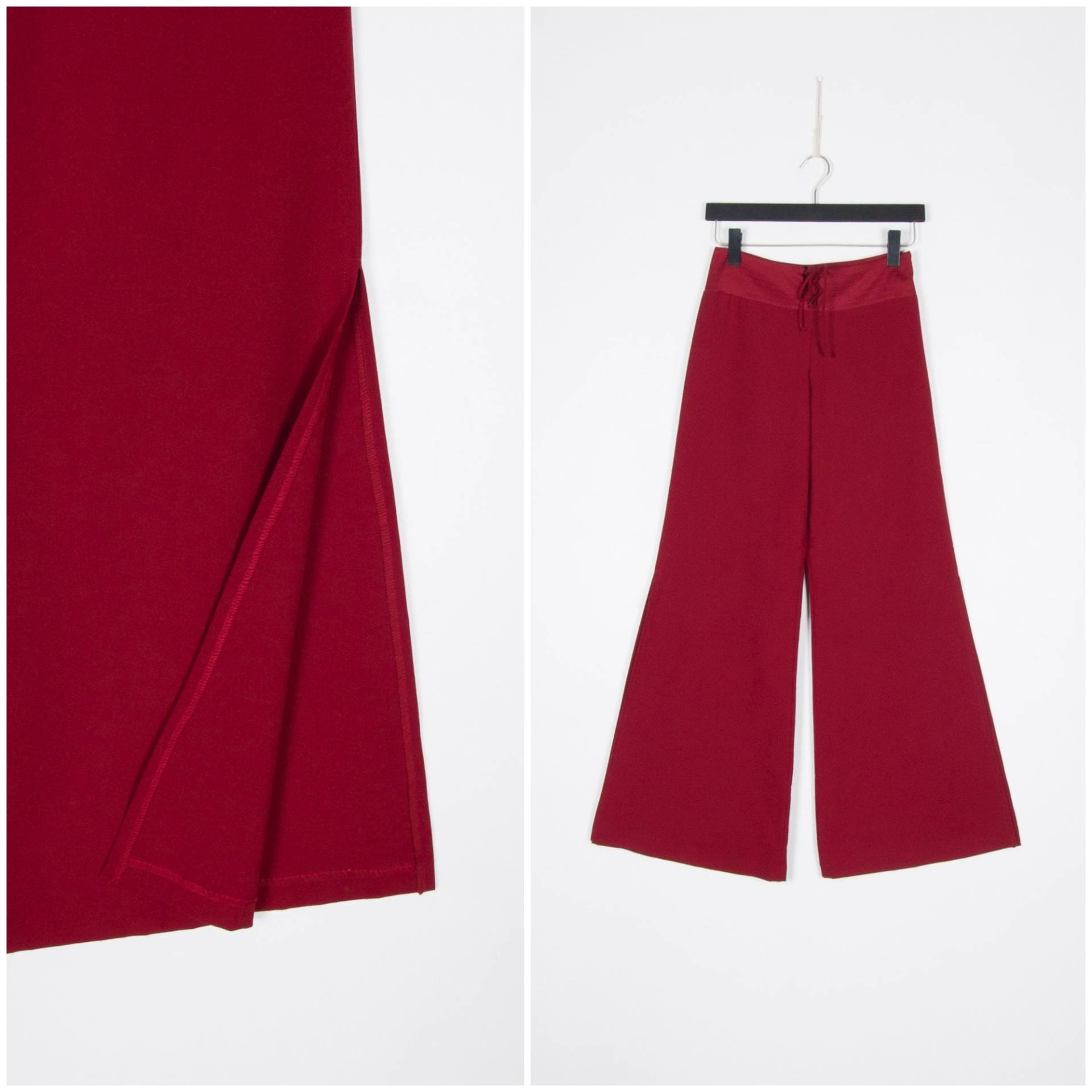 Vintage Rote Flares Damen Xs Ausgestellte Beinhose Taille 26" Bell Bottoms Burgundy Dunkelrot Flare Hose 90S Wide Split Leg High Waist 26 von WinnersVintage