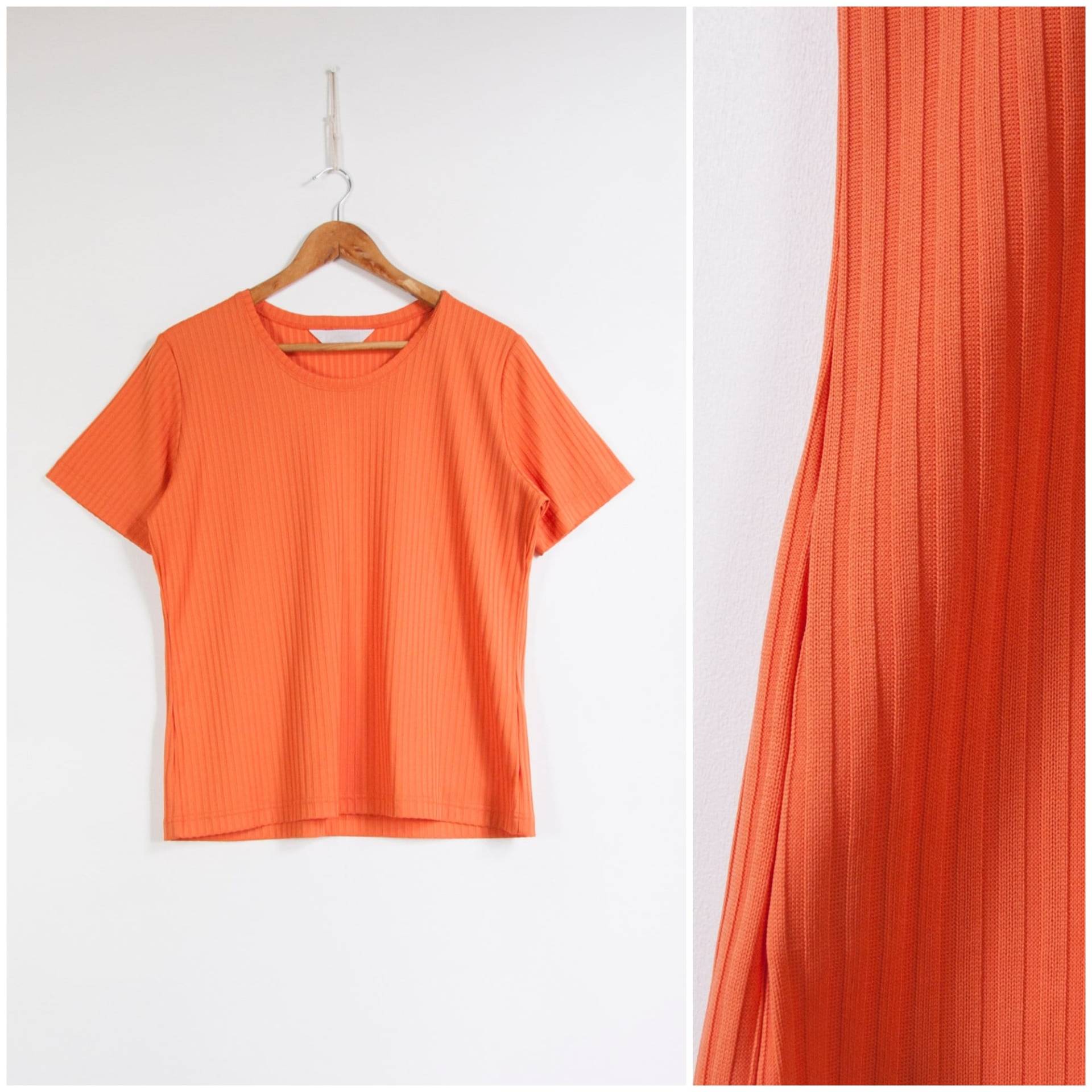 Vintage Schlichtes T-Shirt Für Frauen Medium 90Er Jahre Orange Damen T Shirt Ribbed Pullover Kurzärmeliges Top Stretch Minimalist von WinnersVintage