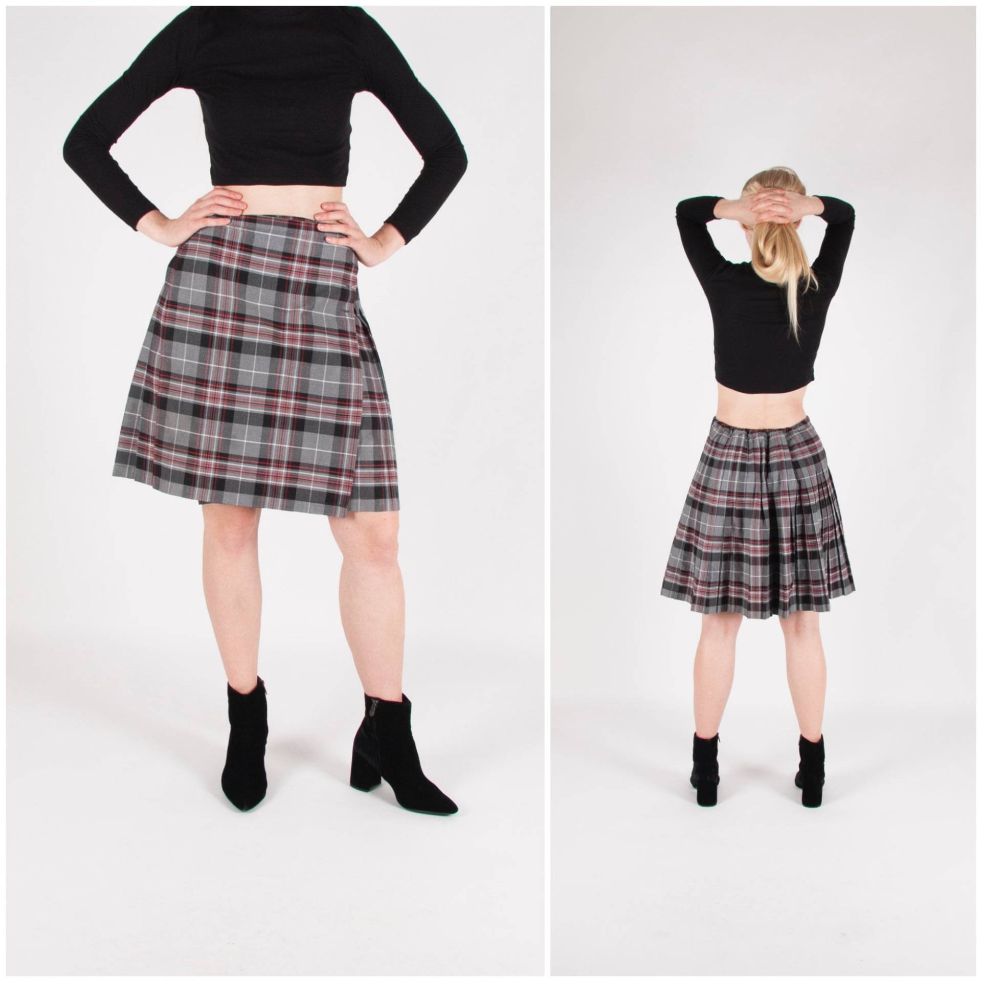 Vintage Schuluniform Rock Damen Kleiner Karierter Wickelrock 28 29 30 Preppy Box Faltenrock Grau Rot Tartan Britney 90Er Schulmädchen von WinnersVintage