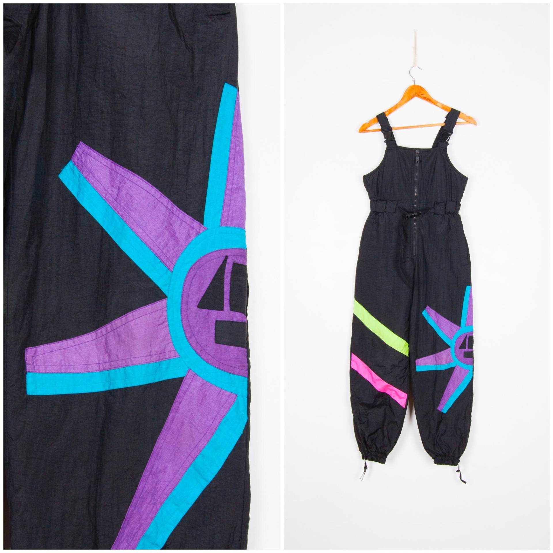 Vintage Ski Overall Frauen Zierlich Xxs Bunte Hose Teen Schwarz Anzug 80Er Jahre Schnee Mit Trägern Neon Snowboard Jumpsuit von WinnersVintage