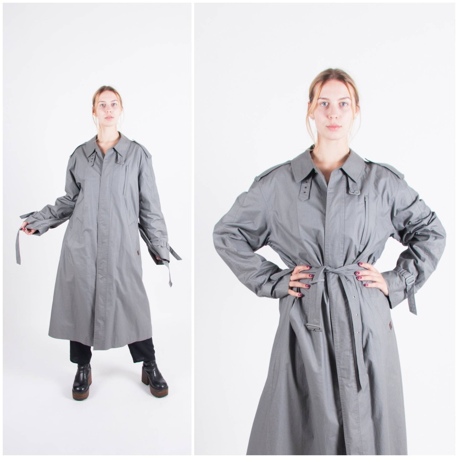 Vintage Trenchcoat Damen Mittelgrau Duster Mantel 80Er Jahre Langer Grauer Größe M Oversized Gürtel Kurzmantel Herren Small von WinnersVintage