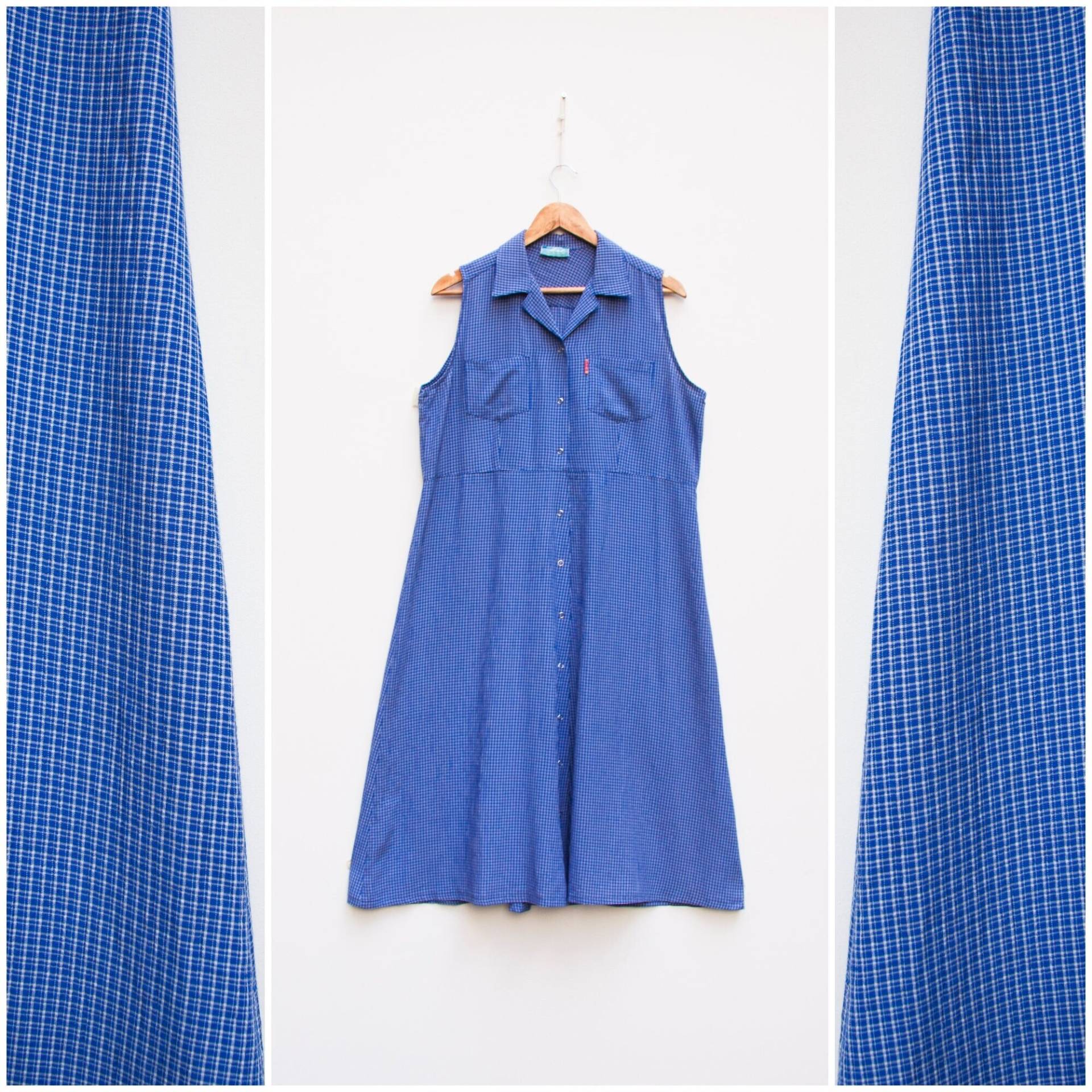 Vintage Vichy Karo Kleid Mittelblau Kariertes Sommerkleid Ärmelloses Shirtkleid Damen Print Midi 90Er M von WinnersVintage