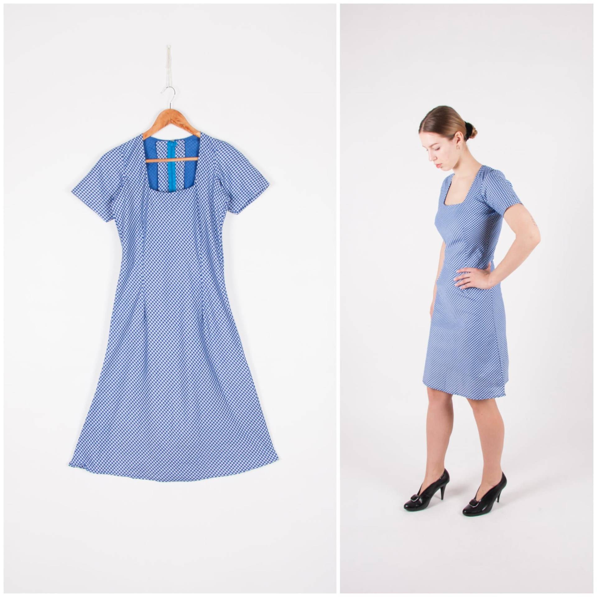 Vintage Vichykaro Kleid Xs 70Er Kurzarm Weiß Blau Kariert A-Linie Eckiger Ausschnitt Sommerkleid Gemustertes Jahre Handmade von WinnersVintage
