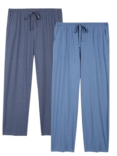 Winovia 2er-Pack Schlafanzughose Herren Lang Leichte Pyjamahose aus Baumwolle Loungewear Hosen Schlafhose Freizeithose mit Elastischer Bund und Gerade Geschnitten (Stil 2: Blau+Hellblau) XXL von Winovia