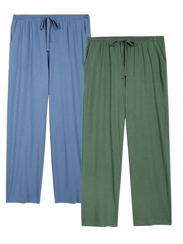 Winovia 2er-Pack Schlafanzughose Herren Lang Leichte Pyjamahose aus Baumwolle Loungewear Hosen Schlafhose Freizeithose mit Elastischer Bund und Gerade Geschnitten (Stil 2: Hellblau+Grün) L von Winovia