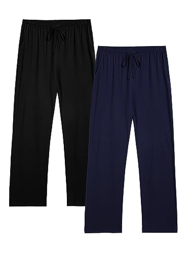 Winovia 2er-Pack Schlafanzughose Herren Lang Leichte Pyjamahose aus Baumwolle Loungewear Hosen Schlafhose Freizeithose mit Elastischer Bund und Gerade Geschnitten Schwarz+Dunkelblau XL von Winovia