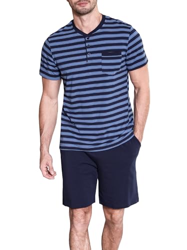 Winovia Herren Schlafanzug Kurz Baumwolle Pyjama Set Kurzarm Nightwear Set mit Knopfleiste und Streifen-Design Dunkelblau L von Winovia