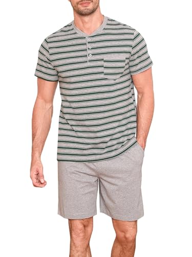 Winovia Herren Schlafanzug Kurz Baumwolle Pyjama Set Kurzarm Nightwear Set mit Knopfleiste und Streifen-Design Grau S von Winovia