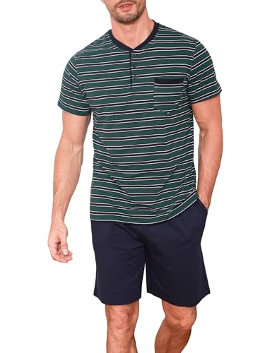 Winovia Herren Schlafanzug Kurz Baumwolle Pyjama Set Kurzarm Nightwear Set mit Knopfleiste und Streifen-Design Grün S von Winovia