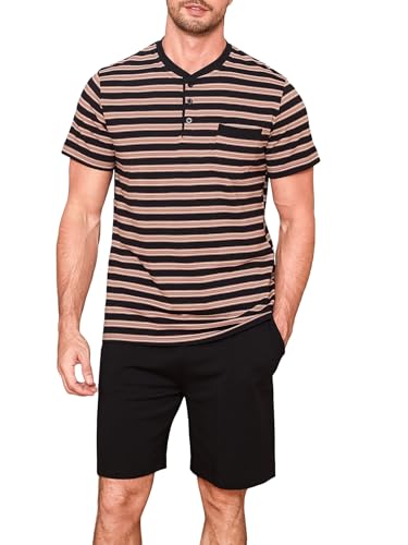 Winovia Herren Schlafanzug Kurz Baumwolle Pyjama Set Kurzarm Nightwear Set mit Knopfleiste und Streifen-Design Schwarz L von Winovia