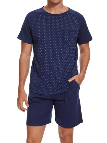 Winovia Herren Schlafanzug Kurz Baumwolle Rundhalsausschnitt Pyjamaset Nightwear Set Sommer Shorty Nachtwäsche Dunkelblau M von Winovia