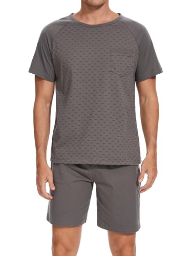 Winovia Herren Schlafanzug Kurz Baumwolle Rundhalsausschnitt Pyjamaset Nightwear Set Sommer Shorty Nachtwäsche Dunkelgrau M von Winovia
