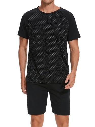 Winovia Herren Schlafanzug Kurz Baumwolle Rundhalsausschnitt Pyjamaset Nightwear Set Sommer Shorty Nachtwäsche Schwarz XL von Winovia