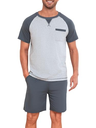 Winovia Herren Schlafanzug Kurz Baumwolle Sommer Pyjamas Set Zweiteiliger Nightwear Set Hausanzug mit Rundhals Design, Kurzarmshirt und Pyjamahose für Männer Dunkelblau-grau L von Winovia