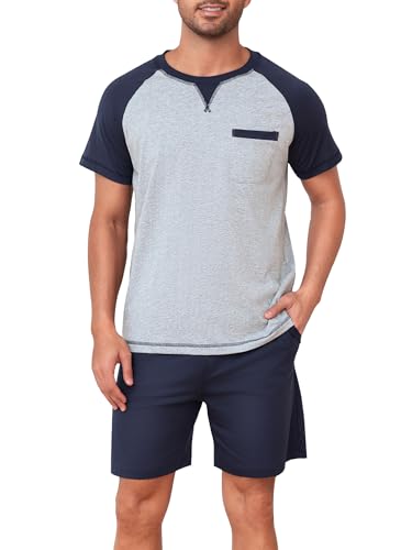 Winovia Herren Schlafanzug Kurz Baumwolle Sommer Pyjamas Set Zweiteiliger Nightwear Set Hausanzug mit Rundhals Design, Kurzarmshirt und Pyjamahose für Männer Grau XXL von Winovia