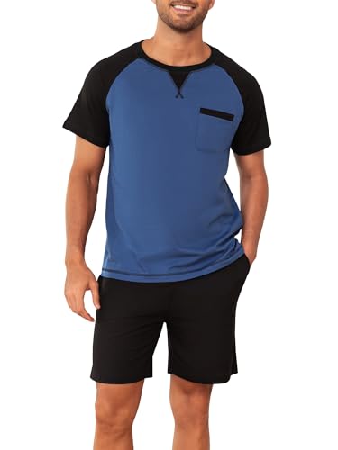 Winovia Herren Schlafanzug Kurz Baumwolle Sommer Pyjamas Set Zweiteiliger Nightwear Set Hausanzug mit Rundhals Design, Kurzarmshirt und Pyjamahose für Männer Saphirblau M von Winovia
