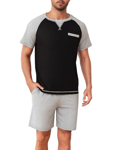 Winovia Herren Schlafanzug Kurz Baumwolle Sommer Pyjamas Set Zweiteiliger Nightwear Set Hausanzug mit Rundhals Design, Kurzarmshirt und Pyjamahose für Männer Schwarz XL von Winovia