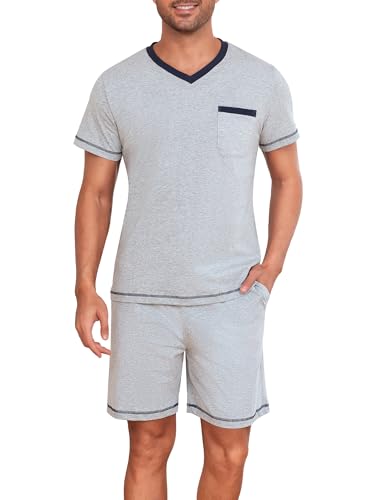 Winovia Herren Schlafanzug Kurz Baumwolle V-Ausschnitt Atmungsaktiver Pyjama Set Sommer Nightwear Set mit Kurzer Hose und Kurzarmshirt für Männer Grau XXL von Winovia