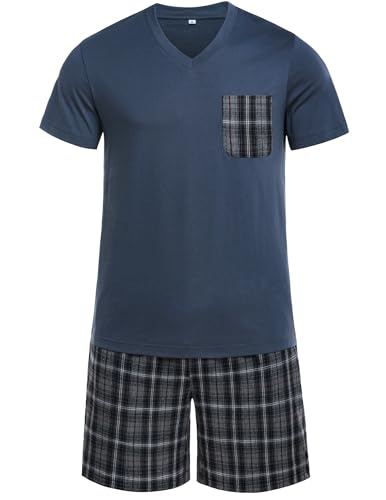 Winovia Herren Schlafanzug Kurz Pyjama 100% Baumwolle Kurzarm Nachtwäsche Shorty Schlafanzug Nightwear Set mit Karierter Hose Dunkel-Graubraun（Fein kariert） L von Winovia