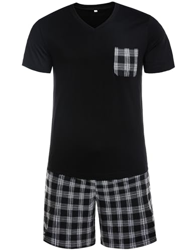 Winovia Herren Schlafanzug Kurz Pyjama 100% Baumwolle Kurzarm Nachtwäsche Shorty Schlafanzug Nightwear Set mit Karierter Hose Dunkel-Graubraun（Weit kariert） XXL von Winovia