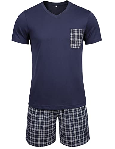 Winovia Herren Schlafanzug Kurz Pyjama 100% Baumwolle Kurzarm Nachtwäsche Shorty Schlafanzug Nightwear Set mit Karierter Hose Dunkelblau S von Winovia