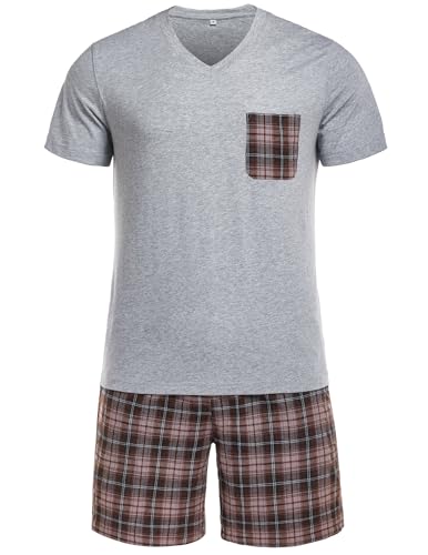 Winovia Herren Schlafanzug Kurz Pyjama 100% Baumwolle Kurzarm Nachtwäsche Shorty Schlafanzug Nightwear Set mit Karierter Hose Graubraun S von Winovia