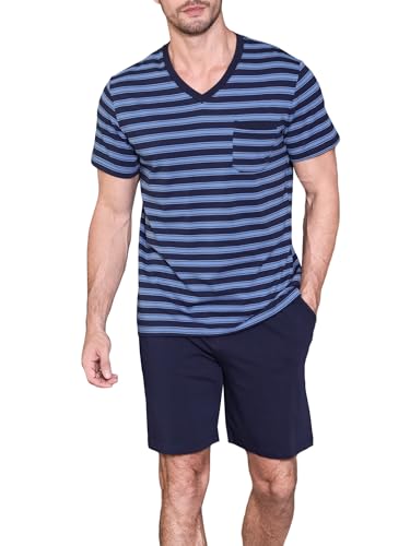 Winovia Herren Schlafanzug Kurzarm Pyjama Set kurz Baumwolle Sleepwear Nightwear Nachtwäsche Set mit V-Ausschnitt und Streifen-Design Dunkelblau S von Winovia