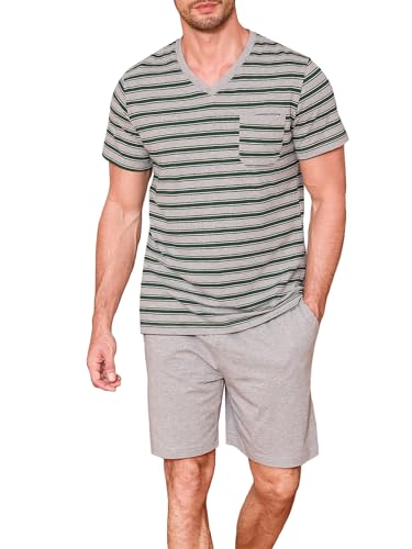 Winovia Herren Schlafanzug Kurzarm Pyjama Set kurz Baumwolle Sleepwear Nightwear Nachtwäsche Set mit V-Ausschnitt und Streifen-Design Grau XL von Winovia
