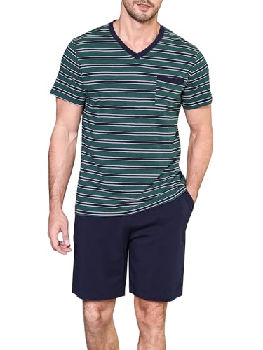 Winovia Herren Schlafanzug Kurzarm Pyjama Set kurz Baumwolle Sleepwear Nightwear Nachtwäsche Set mit V-Ausschnitt und Streifen-Design Grün M von Winovia