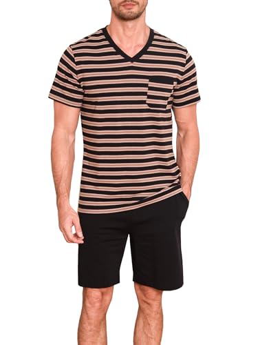 Winovia Herren Schlafanzug Kurzarm Pyjama Set kurz Baumwolle Sleepwear Nightwear Nachtwäsche Set mit V-Ausschnitt und Streifen-Design Schwarz M von Winovia