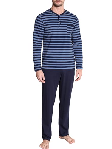 Winovia Herren Schlafanzug Lang Baumwolle Pyjama Set Langarm Sleepwear Nightwear Set mit Knopfleiste und Streifen-Design Dunkelblau M von Winovia