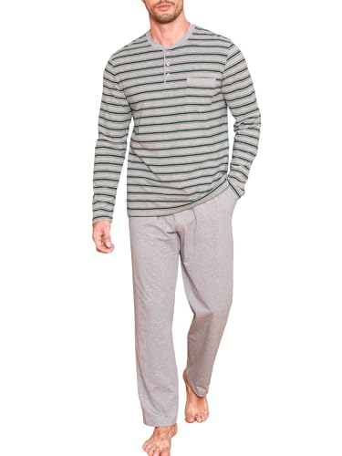 Winovia Herren Schlafanzug Lang Baumwolle Pyjama Set Langarm Sleepwear Nightwear Set mit Knopfleiste und Streifen-Design Grau XXL von Winovia