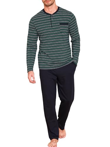 Winovia Herren Schlafanzug Lang Baumwolle Pyjama Set Langarm Sleepwear Nightwear Set mit Knopfleiste und Streifen-Design Grün M von Winovia