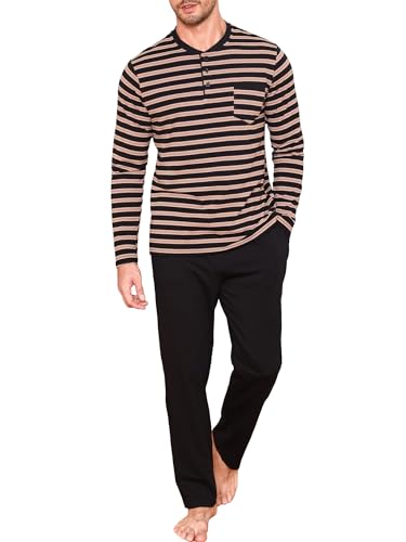 Winovia Herren Schlafanzug Lang Baumwolle Pyjama Set Langarm Sleepwear Nightwear Set mit Knopfleiste und Streifen-Design Schwarz L von Winovia