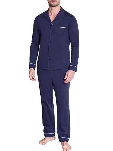 Winovia Herren Schlafanzug Lang Baumwolle Pyjama Zweiteiliger Nightwear Set Sleepwear Nachtwäsche mit Klassischem Design, V-Ausschnitt und Knopfleiste Dunkelblau XXL von Winovia