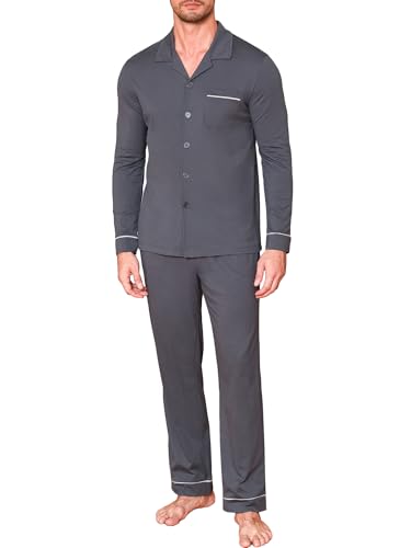Winovia Herren Schlafanzug Lang Baumwolle Pyjama Zweiteiliger Nightwear Set Sleepwear Nachtwäsche mit Klassischem Design, V-Ausschnitt und Knopfleiste Dunkelgrau L von Winovia